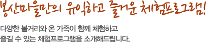 봉산마을만의 유익하고 즐거운 체험프로그램! 다양한 볼거리와 온 가족이 함께 체험하고 즐길 수 있는 체험프로그램을 소개해드립니다.